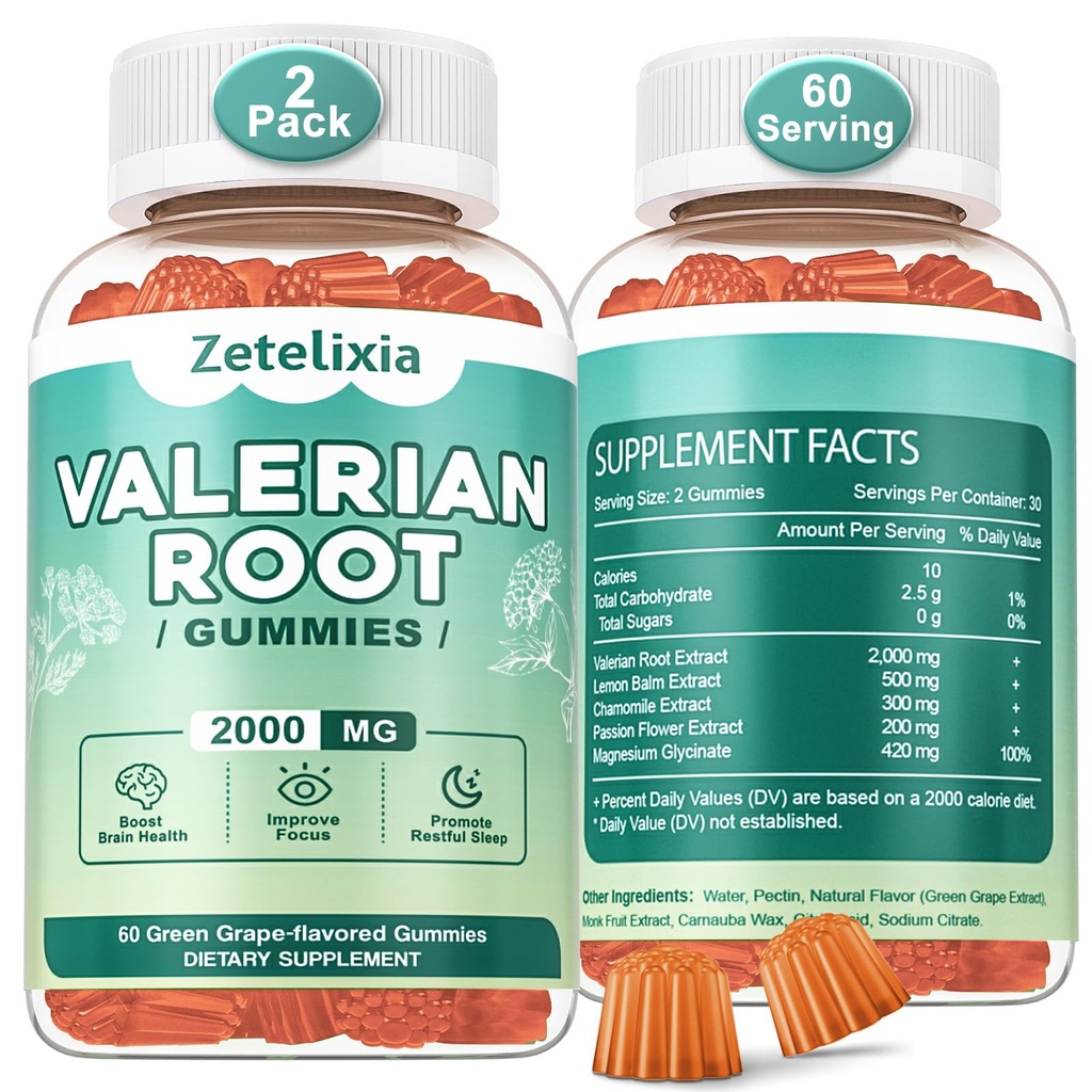 2 Pack Organic Valerian Root Gummies for Sleep, Melatonin Free, 120 Count | Natural herbal supplement for relaxation, calm and restful sleep. Vegan, non-GMO, gluten free, green grape flavor.