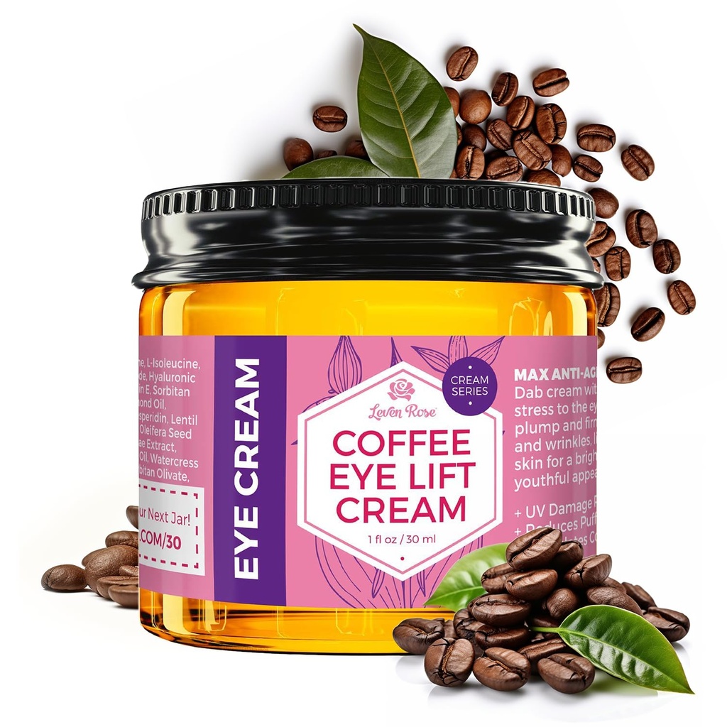Leven Rose Lifting Kaffe Eye Cream med koffein 1 oz - Naturlig løsning for mørke sirkler og puffiness - Firming Anti-Aging under øye behandling