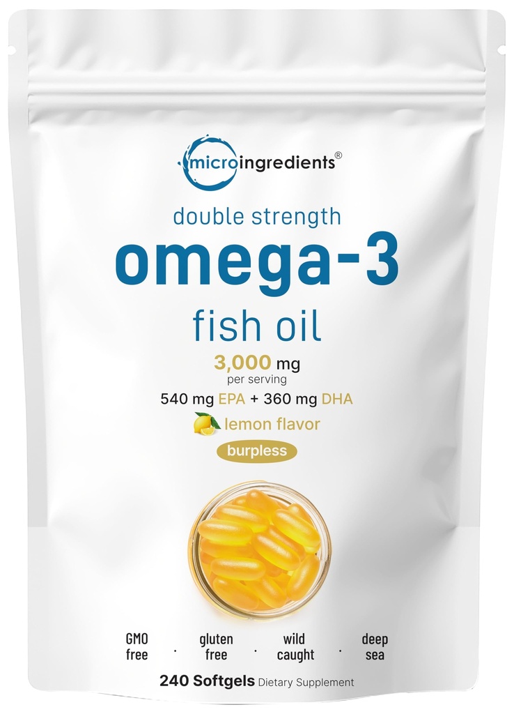 Mikro ingredienser Omega 3 Fish Oil Supplements 3.000mg Per Serving, 240 Softgels | Lemon Flavored – Burpless EPA 540mg + DHA 360mg | Deep Sea Fish