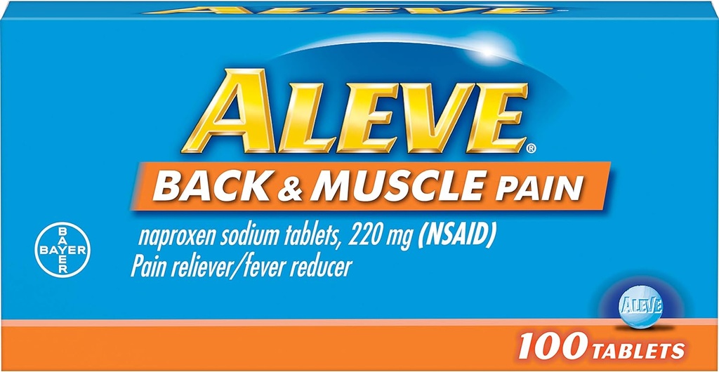 Aleve rygg- og muskelsmerter tabletter, hurtigvirkende hele dagen målrettet relief for hodepine, muskler og ryggsmerter, Naproxen natriumkapsler, 220 mg, 100 greve