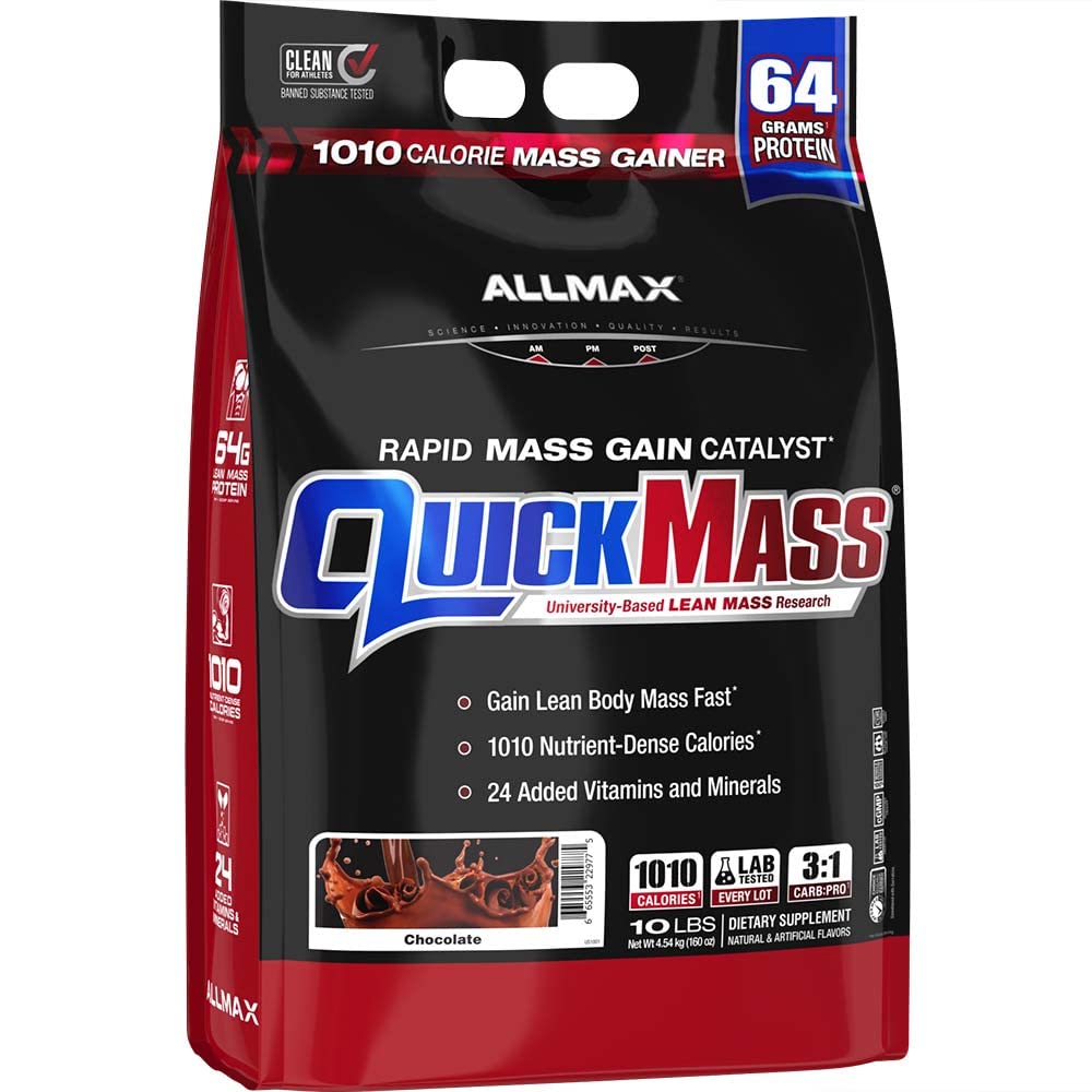 ALLMAX QUICKMASS, Sjokolade - 10 lb - Hurtig Mass Gain Catalyst - Opp til 64 gram protein per servering - 3:1 carb til proteinforhold - Null trans fett - opp til 70 serveringer