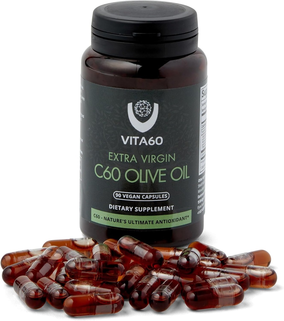 C60 Oljekapsler | Aldersforsvarlig vitalitet og antioksidant støtte | 99,99% ren oppløsningsmiddel Gratis C60 | Økologisk olje | Vegansk Vennlig | Superior kundeservice (Olive Oil)