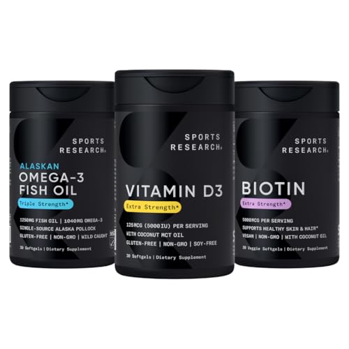 Idrettsforskning Trippel styrke Omega 3 Burpless Fish Oil 1250mg fra Wild Alaska Pollock, vitamin D3 5000 IE med kokosnøtt MCT olje (125mcg) og vegansk biotin 5000mcg vitamin B7-30 Softgels Hver