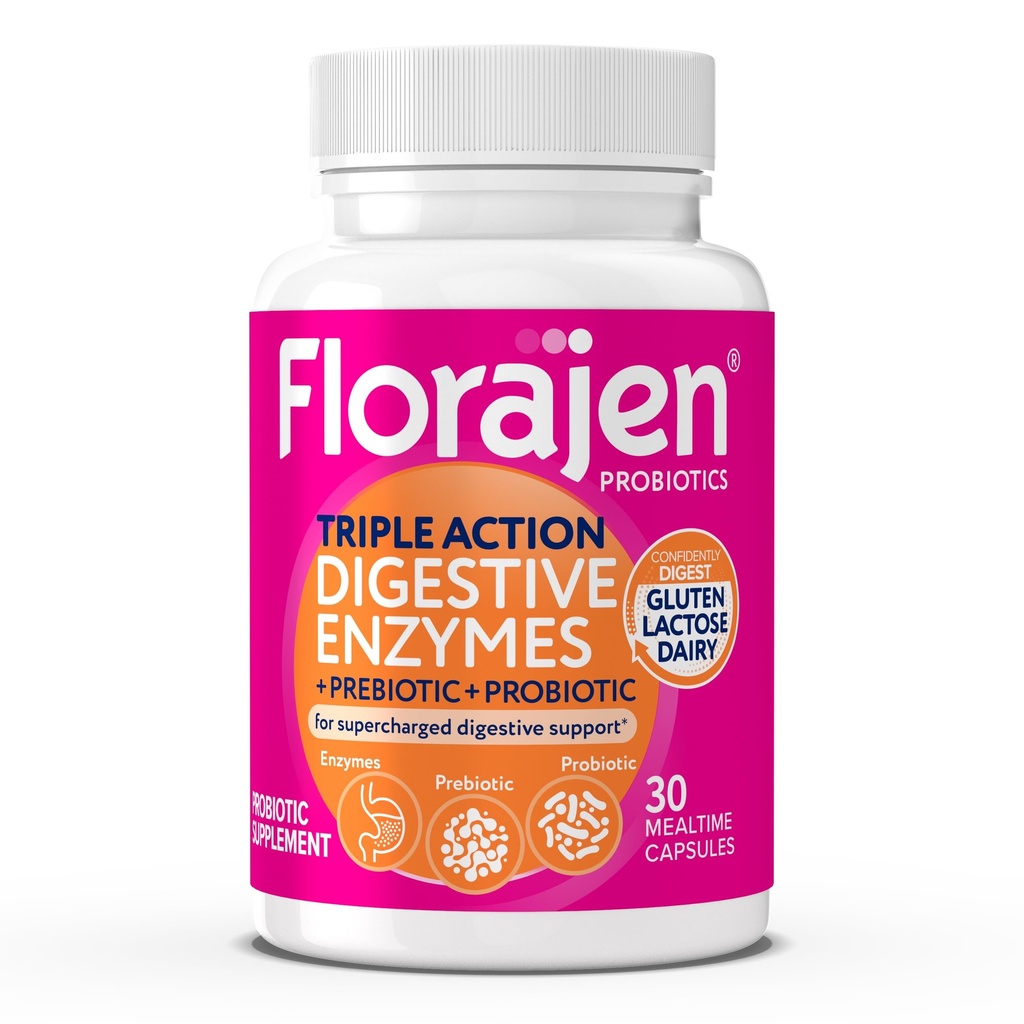 Florajen Digestive Enzymer med probiotika og prebiotika - Triple-Action Formula for Gut Helse, Bleating, & Gas Relief - Støtter Gluten & Dairy Digestion - Ren, Ikke-GMO - 30-Count