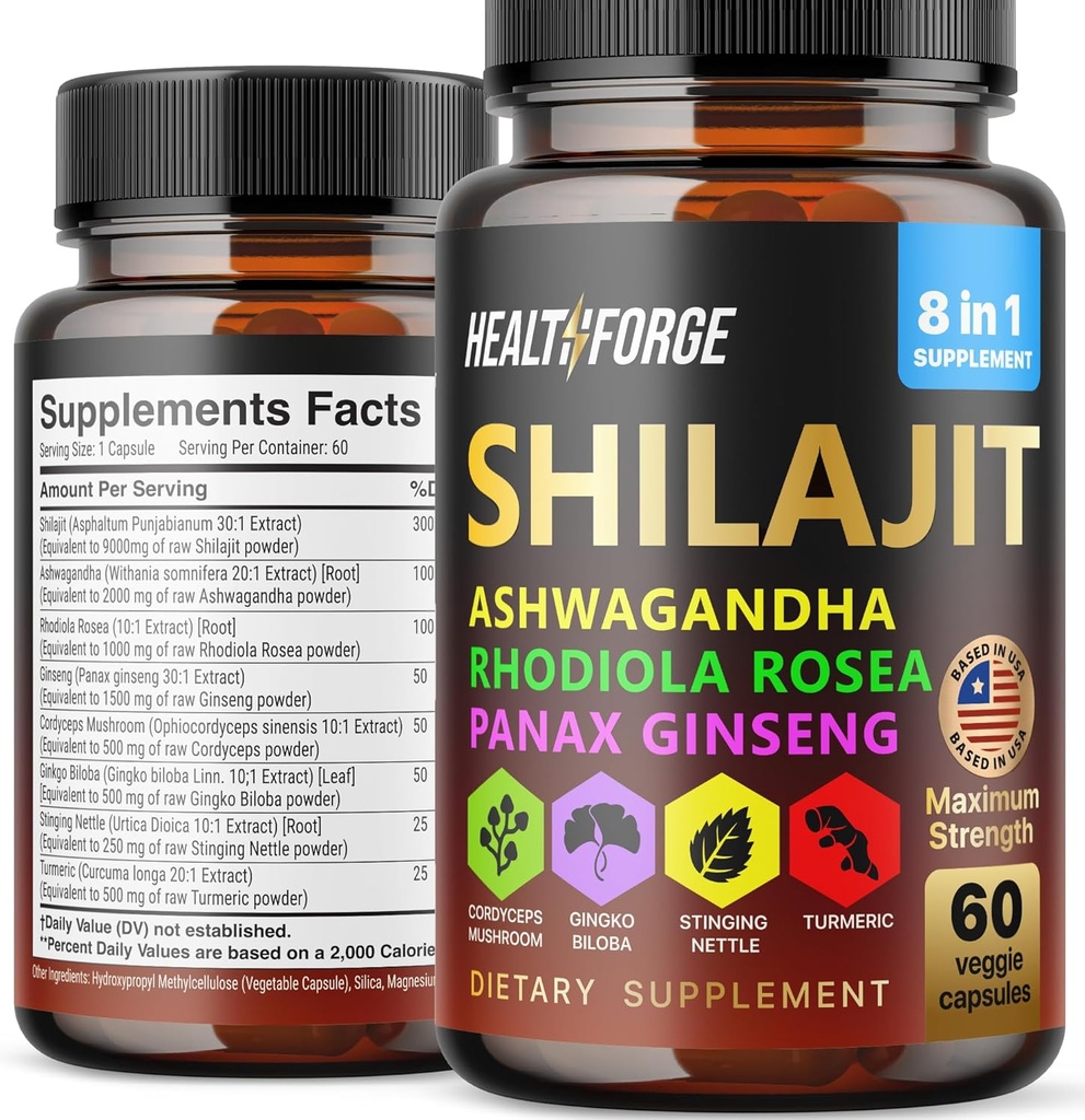 Shilajit kapsler organisk ekstrakt blanding 60 kapsler for menn og kvinner - Shilajit Supplement 9000mg Ashwagandha, Immun støtte Supplement 2000mg Rhodiola Supplement, Ginko Ginkgo Biloba