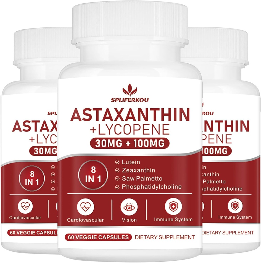 Astaxantin og Lycopen 70mg,Astaxantin Supplement med fosfatidylcholin, Lutein og Zeaxanthin, kraftige antioksidanter Supplement (180 kapsler)