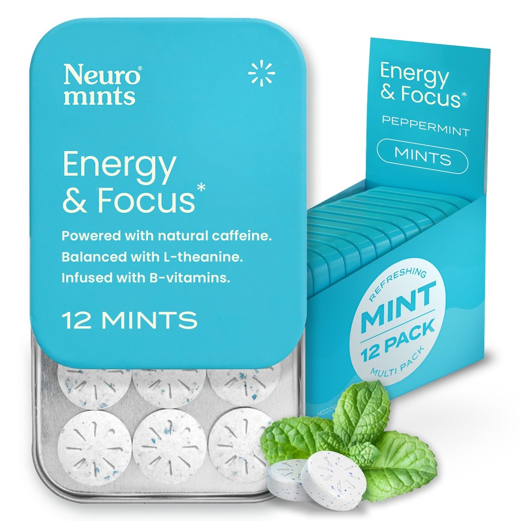 NeuroGum Energi Koffeinmynter (144 stykker) - Sukker Gratis med L-theanin + Naturlig Koffein + Vitamin B12 & B6 - Nootropisk energi og fokus Supplement for kvinner og menn - Keto & Vegan, Peppermynte Flavor
