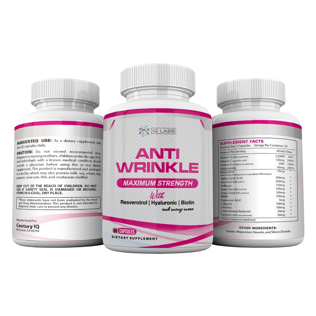 Hud skjønnhet løsninger (4) Anti-Wrinkle Max Kosttilskudd 240 Kapsler w/Resveratrol, Alfa Lipoic Acid, kollagen, DMAE, Hyaluron + piller