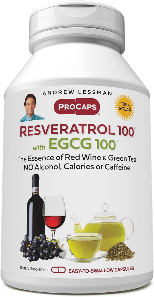 ANDREW LESSMAN Resveratrol-100 EGCG 100mg - 360 kapsler - To naturlig forekommende antioksidanter, uten alkohol eller kaffe.