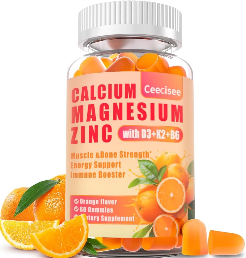 Kalsium Magnesium Zink Gummies med D3 & B6 & K2, 1000mg Kalsium Gummies med 300 mg Magnesium Støtte Immun energi for voksne og tenåringer, Sukker gratis(60 greve)