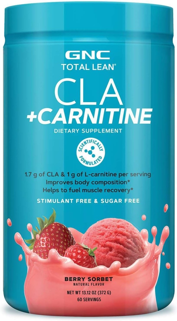 GNC Total Lean CLA + Carnitine | Forbedrer kroppssammensetning og brensel Muskelgjenvinning, Stimulant gratis og sukkerfri | Berry Sorbet | 60 Serverer