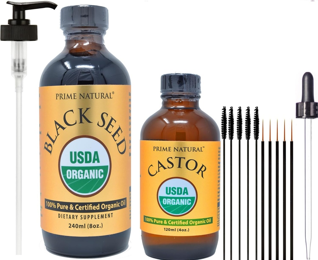 PRIME NATURAL Organic Black Seed Oil & Organic Castor Oil - 2 Oil Bundle - USDA Certified - Cold Pressed, Jomfru, Uraffinert, Vegansk, Ikke-GMO, Ingen konserveringsmidler
