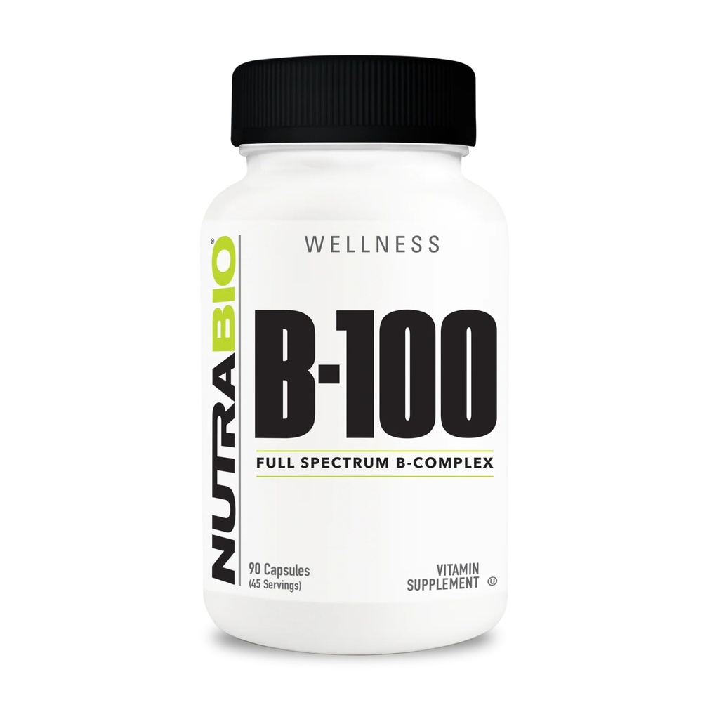 NutraBio B-100, B-vitaminkompleks, immunsystem støtte, sunn hår, hud, negler, 90 grønnsaker kapsler