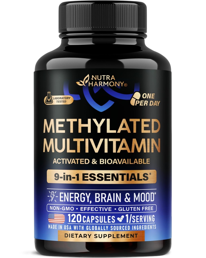 Metylert multivitamin - B2, B6, 5-MTHF & B12 | Antioksidanter C & E Vitamin D3 & K2 - for menn og kvinner - 9-i-1 MTHFR Supplement med TMG - Energi, hjerne og humør - Vegan - laget i USA - 120 kapsler
