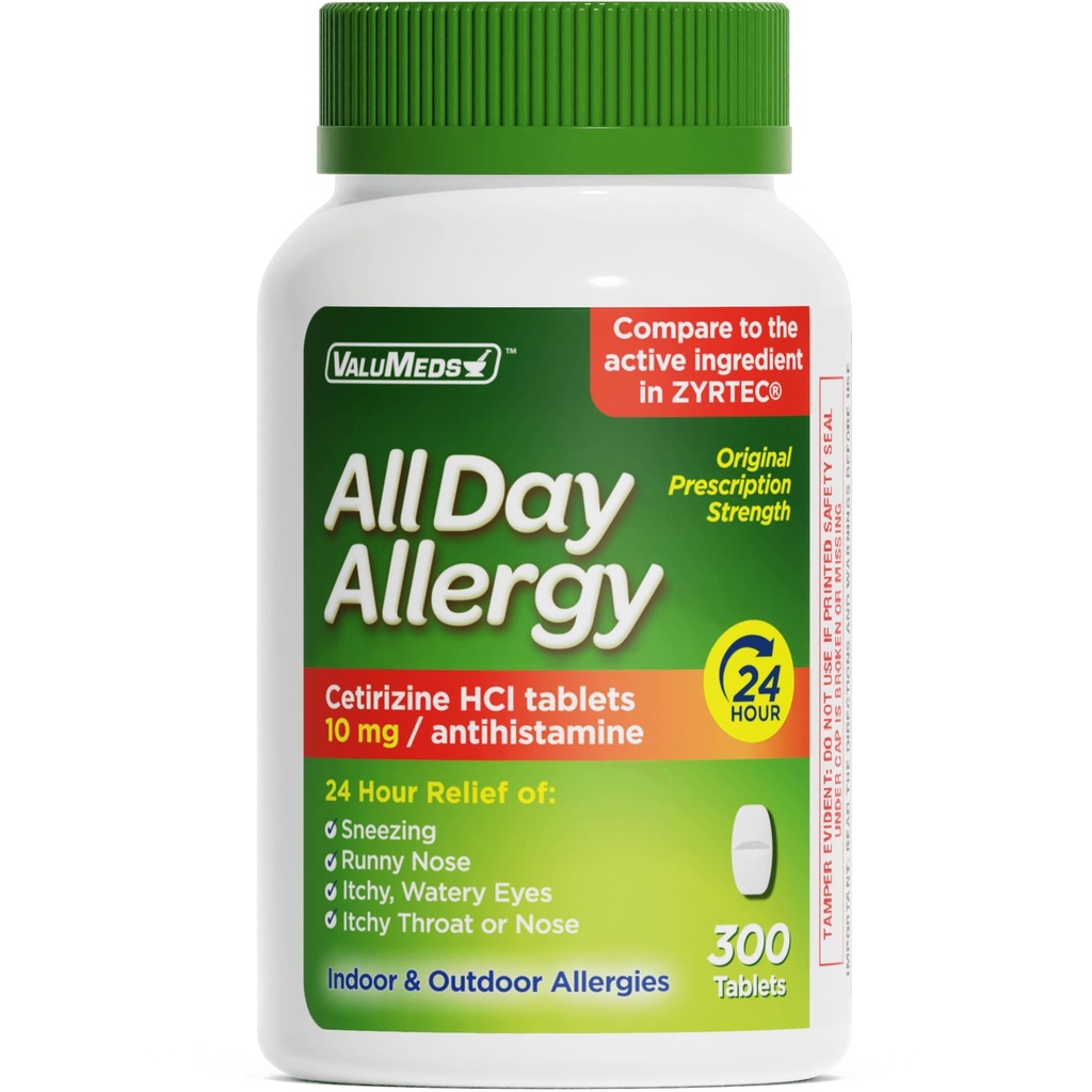 ValuMeds 24-timers Allergimedisin Antihistamine for Pollen, Hay Fever, Tørr, kløende øyne, Allergier ® Cetirizine HCl 10mg Caplets, sammenlikn med Leading Brand (300 Count)