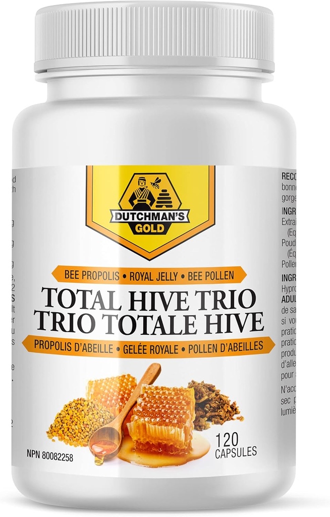 Dutchman's Gold Total Hive Trio Capsules - 120 Veg Caps Ca. 30-60 Serveringer - Bee Pollen Royal Jelly & Propolis Supplement - Superfoods for Antioksidant Immun Support - Naturlig Honning Mix