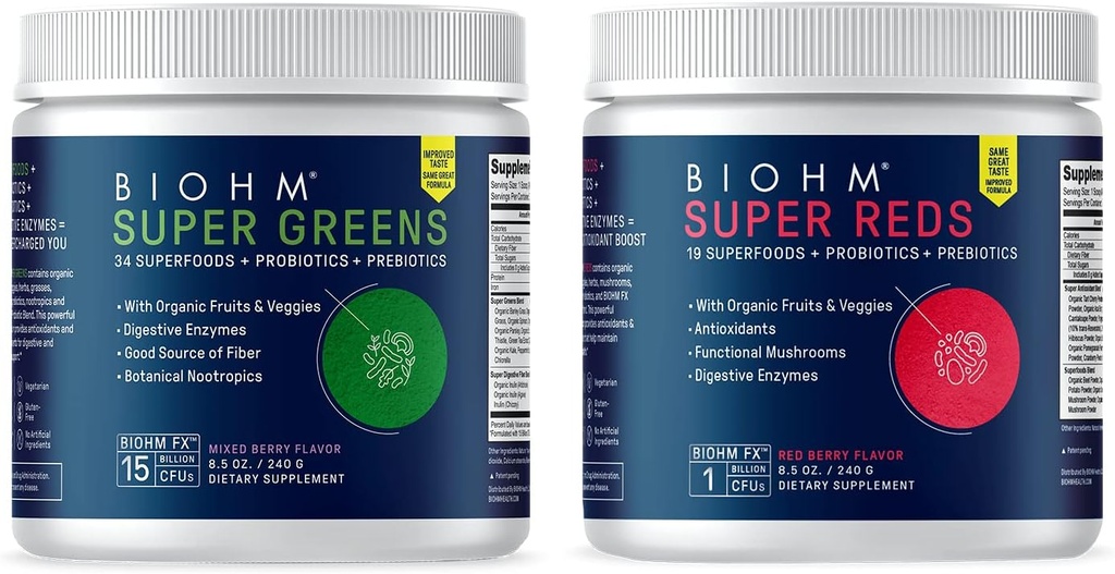 BIOHM Super Reds og Greens Bungle, Superfood pulver med probiotika og digestive enzymer, pakket med antioksidanter og polyfenoler, Allergen gratis, ikke-GMO, Vegan - 30 serveringer hver