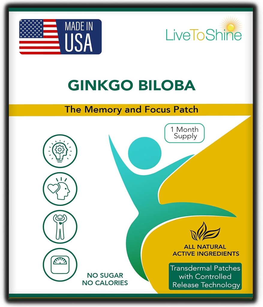 Live To Shine Ginkgo Biloba Patch - 30 Gingko Transdermal Patches - En måneds forsyning for kvinner og menn - USA laget