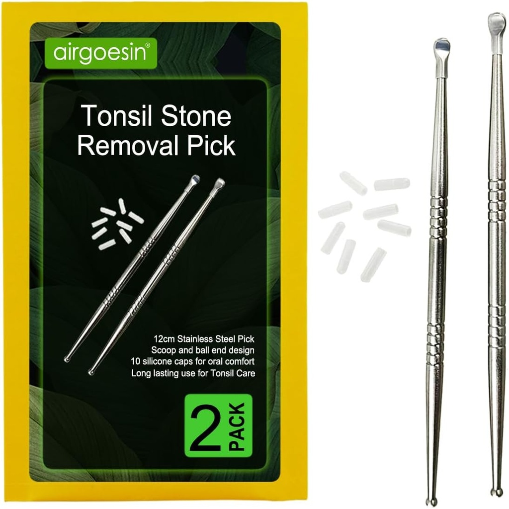 Airgoesin 2pcs Tonsil stein fjerning plukke Tonsillolit Premium verktøy rustfritt stål oral rengjøring med 10 myke silikon Caps