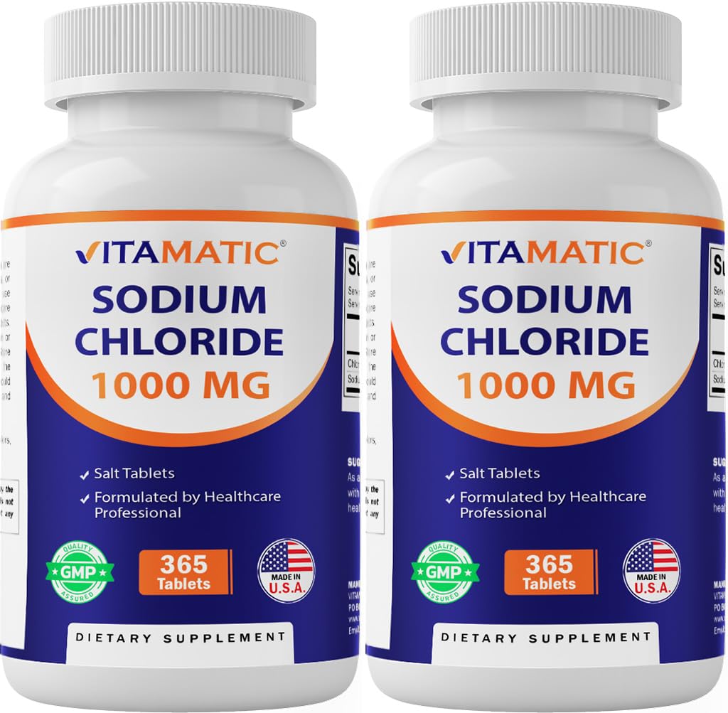 Vitamatisk natriumklorid 1000mg – 365 tabletter - 2 flasker Electrolyte Replenisher & Hydration Support – Ikke-GMO, Glutenfri