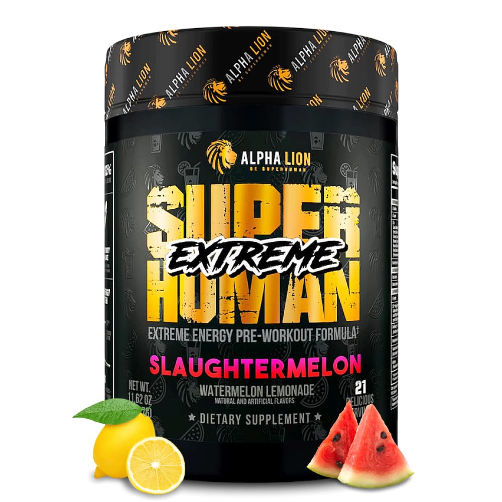 ALPHA LION Superhuman Extreme høy stimul pre trening pulver, Beta alinine, L-Taurin & 356mg tri-kilde koffein for responderbar energi, nitric oksid og citrullin for pumpe (21 serveringer, Slaughtermelon)