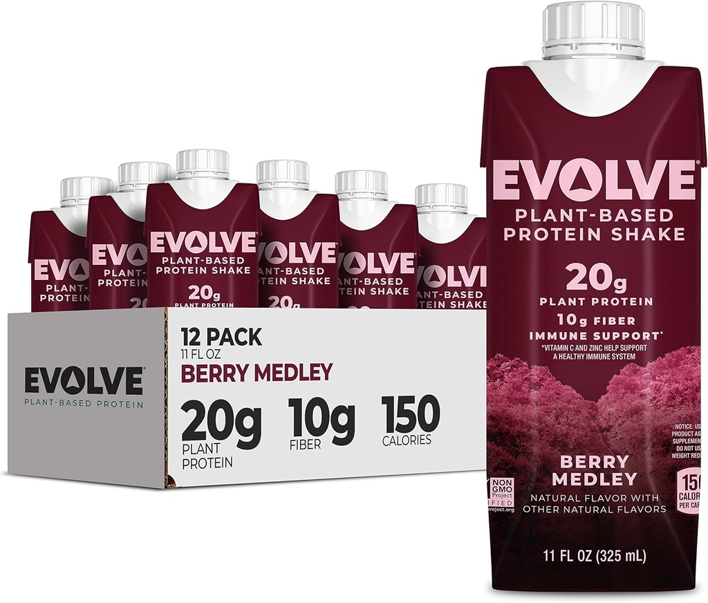 Evolve Plant Basert Protein Shake, Berry Medley, 20g Vegansk Protein, Immun støtte, Vitamin C & Sink, Dairy Free, Ingen kunstige søtstoffer, Ikke-GMO, 10g Fiber, 11oz, (12 Pack) (Formula May Vary)
