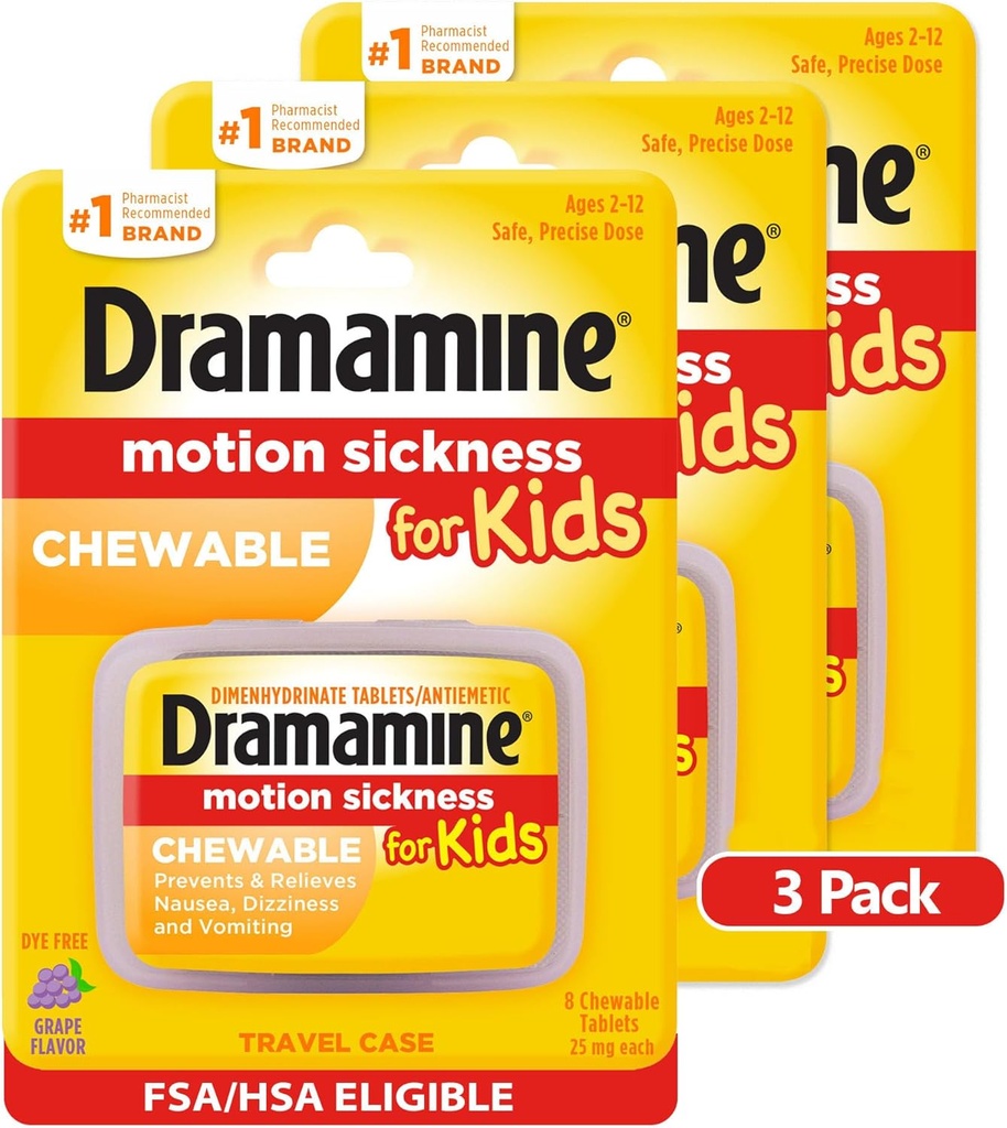 Dramamine Kids Chewable, bevegelsessyke lindring, Grape Flavor, 8 greve, 3 pakke