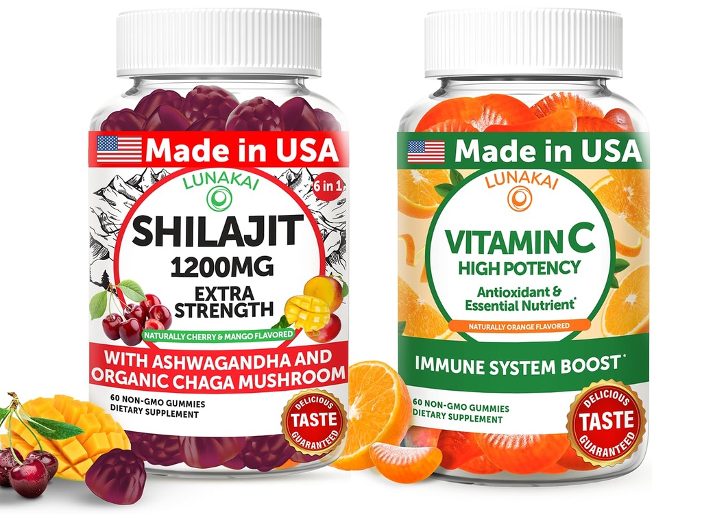 Lunakai USA Laget Shilajit & vitamin C høy potens Gummies Bundle - Energi og immunstøtte - Ikke-GMO & Delicious