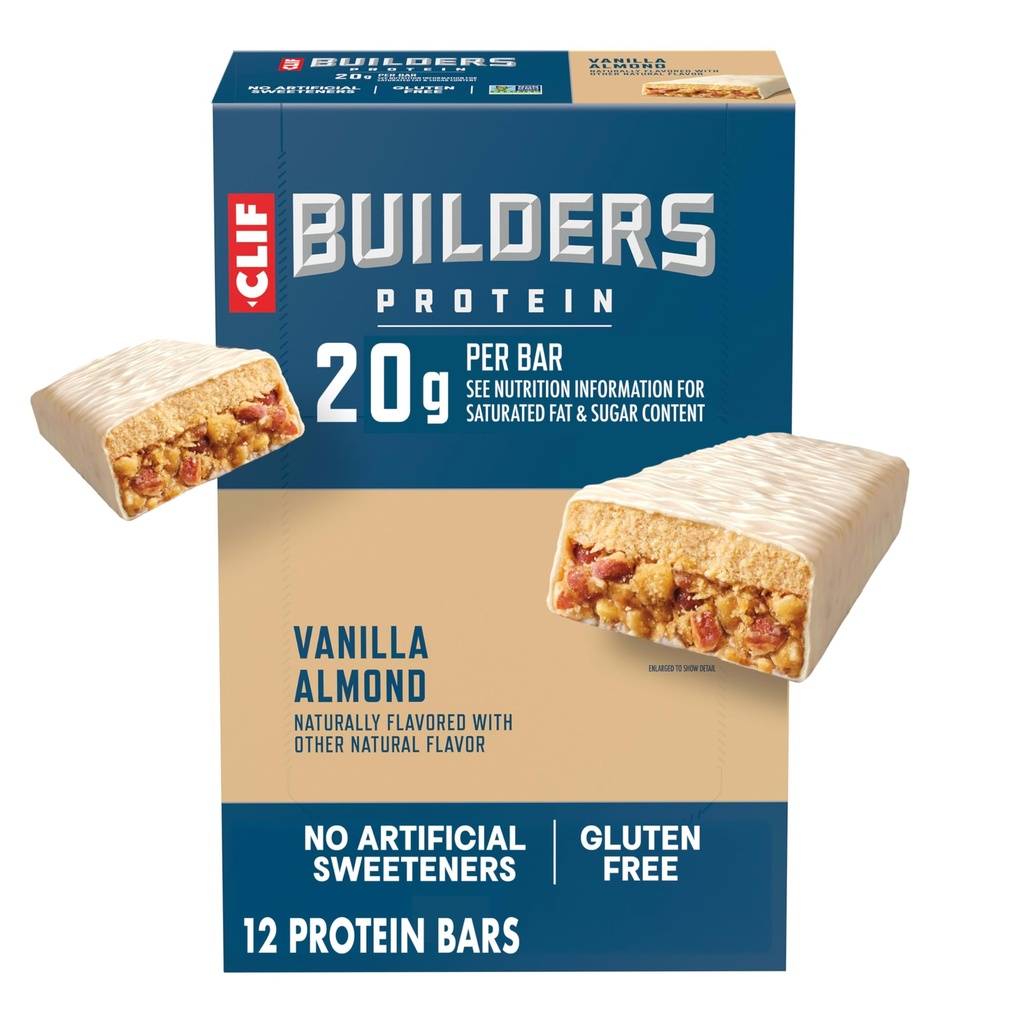 CLIF BUILDERS Protein Bars - Vanilla Almond Flavor - 20g Plant Basert Protein - Glutenfri - Ikke-GMO - Lav glykemisk - Ingen kunstige søtningsstoffer - 2,4 oz. (12 Pack)