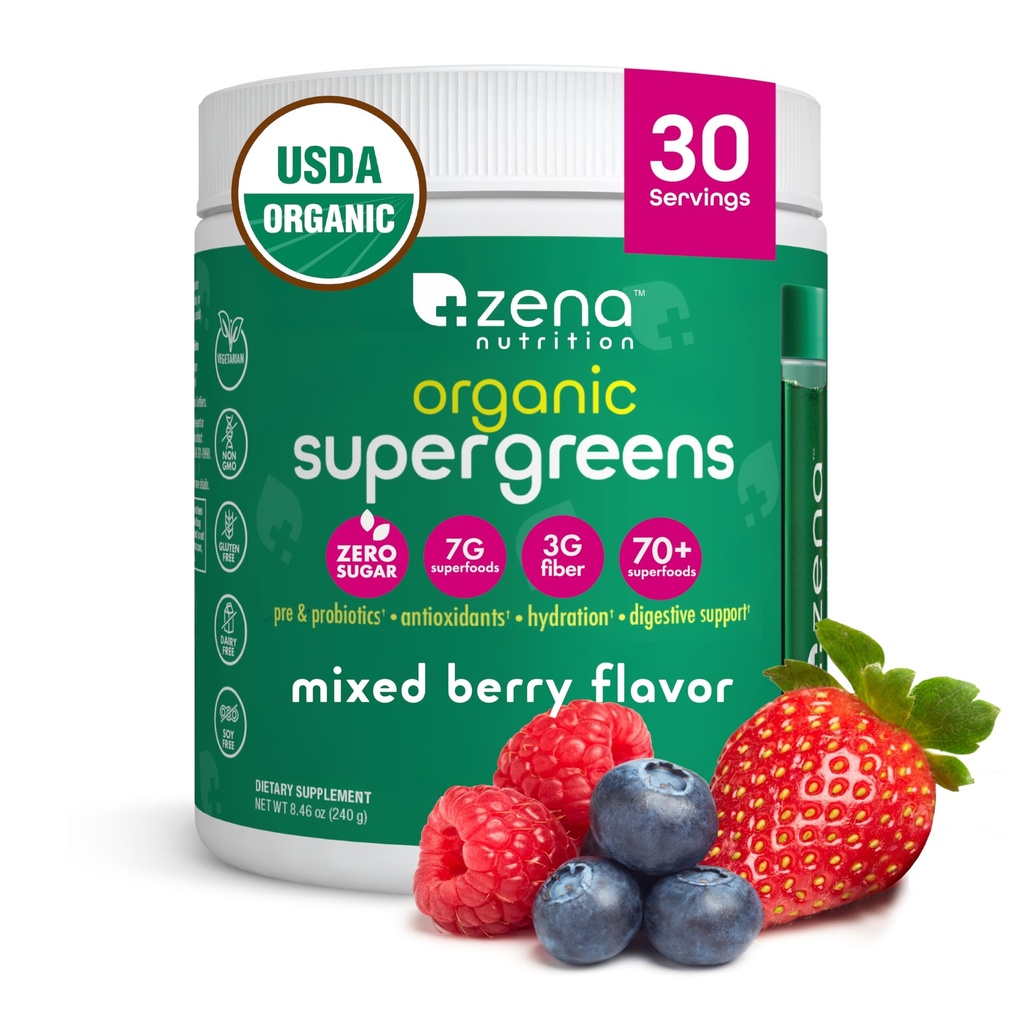 Zena Nutrition Organic Super Greens pulver, 70+ Superfoods, 0 Sukker, 3G Fiber, Spirulina, Klorella, Antioksidanter, Prebiotika/Probiotika, Digestive Enzymer, Blandet Berry, 30 Serveringer