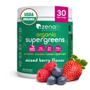 Zena Nutrition Organic Super Greens pulver, 70+ Superfoods, 0 Sukker, 3G Fiber, Spirulina, Klorella, Antioksidanter, Prebiotika/Probiotika, Digestive Enzymer, Blandet Berry, 30 Serveringer