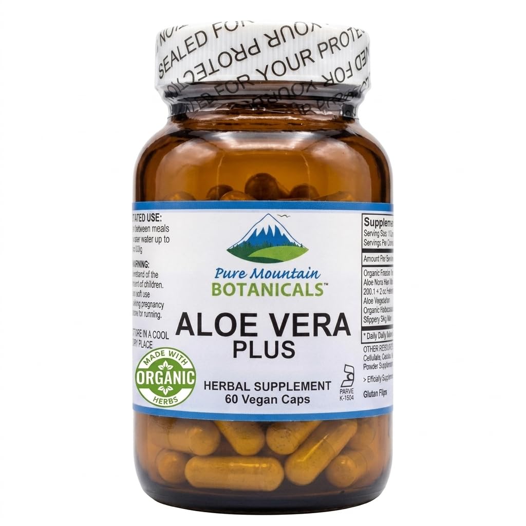 Pure Mountain Botanicals Aloe Vera Plus Kapsler. 200:1 Ekstrakt. Kosher Organic tørket Aloe Vera Gel, Marshmallow Root, Slippery Elm