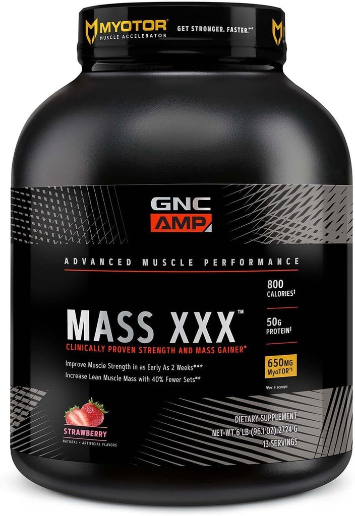 GNC AMP Mass XXX, klinisk bevist vekt gevinster protein pulver, forbedrer styrke og størrelse, 780 kalorier, 50g protein, mikronisert aminosyrer, kreatin, betain, jordbær, 13 serveringer, 6 pund