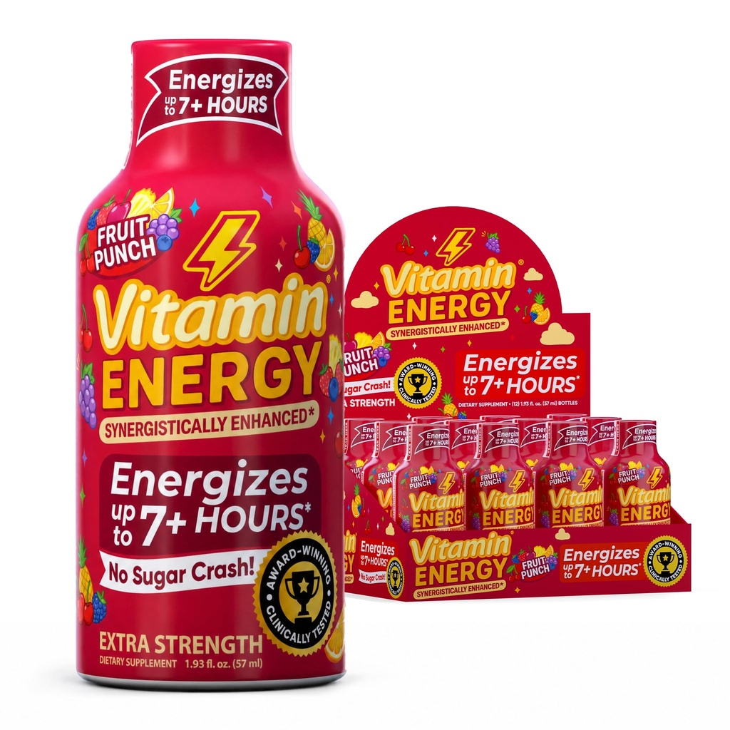 Vitamin energi immun + ekstra styrke Energi Shot Fruit Punch 12 Pack, 260mg naturlig koffein, B-vitaminer, Citikolin, grønn te, immunitet og fokus støtte, null sukker, glutenfri 1,93 fl oz