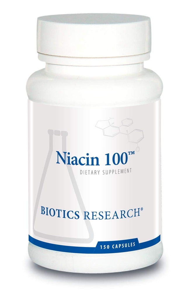 Biotisk forskning Niacin 100, 100 Milligram Niacin, Vitamin B3, Kolesterol, HDL, LDL, Triglycerid, LP, Cardiovaskulær helse, 150 Kapsler