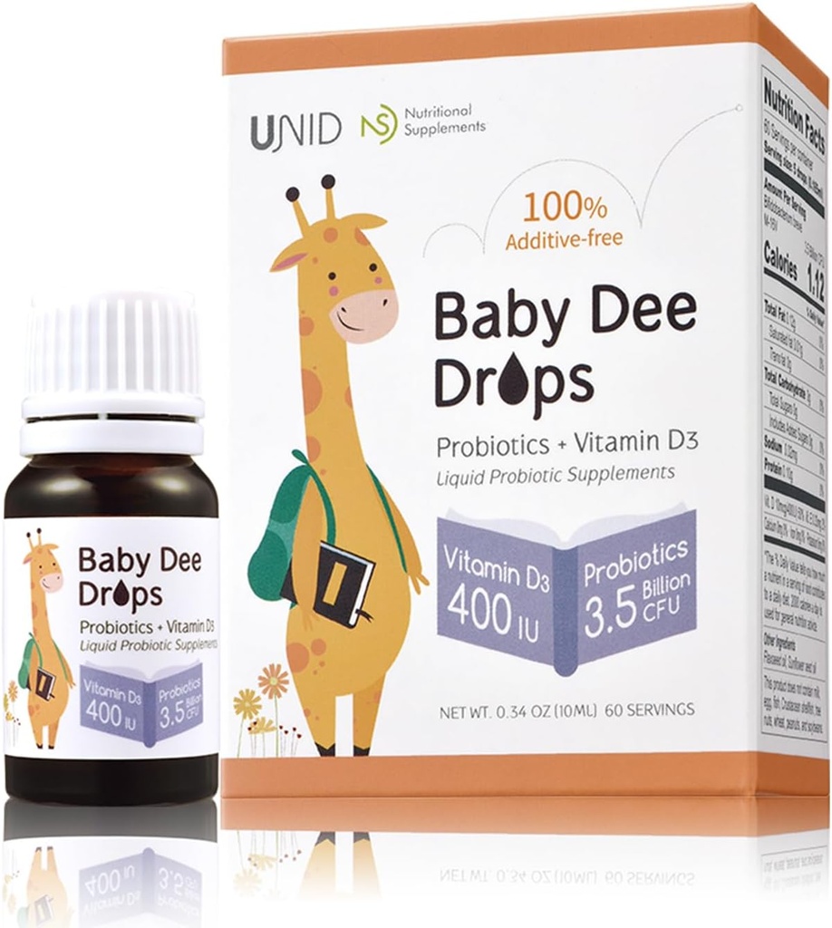 BabyDee Drops Probiotika (3,5 milliarder CFU) + vitamin D3 (400 IE) 100% additiv-fri flytende probiotika og vitamin D3 for spedbarn, tilhengere, & alle aldre | Immun & Digestiv støtte | 0,34 Fl Oz