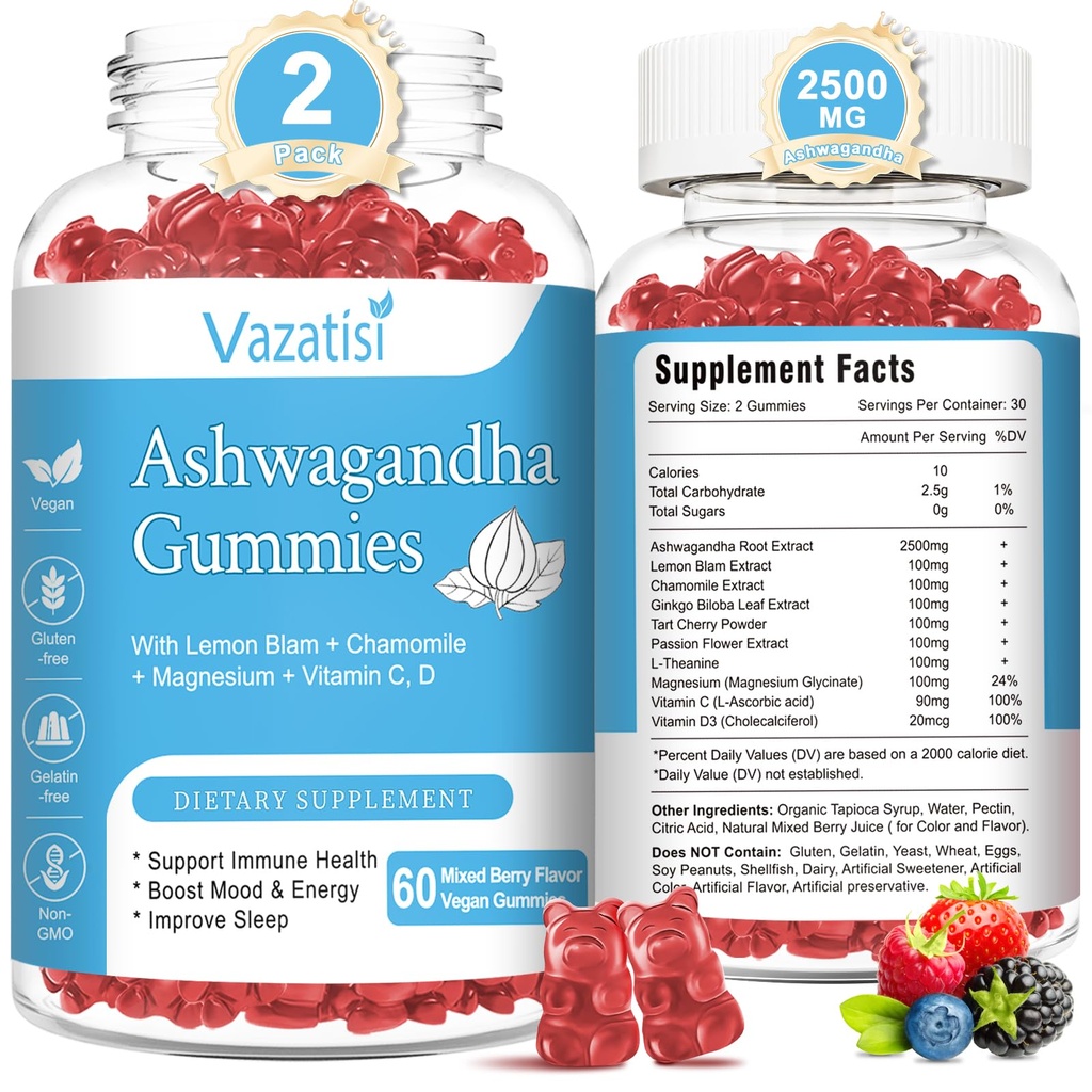 2 Pack Ashwagandha Gummies for kvinner menn, sukkerfri organisk askewagandha Gummies Supplement for relax restore balanse, vegansk glutenfri, 120 greve