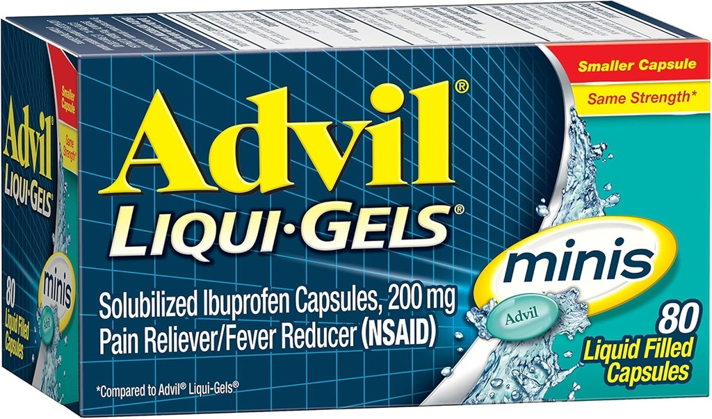 Advil Liqui-Gels Minis smertestillende og feber reduserer, smertemedisin for voksne med Ibuprofen 200 mg for smertelindring - 80 flytende fylte kapsler