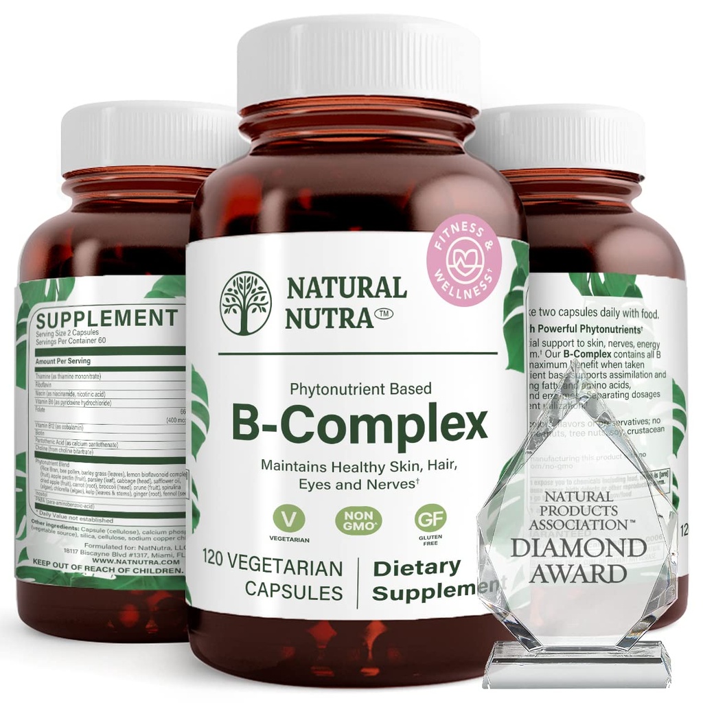 Naturlig Nutra vitamin B kompleks med Niacin, Folat, Thiamin, Biotin, støtter nervesystemet helse, fremmer metabolisme, hud, øyne og hår helse, hele mattilskudd, 120 vegetariske kapsler