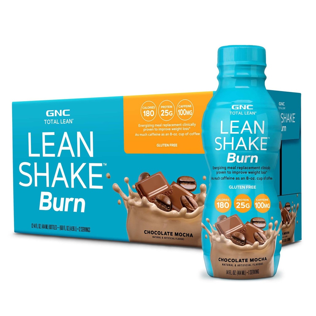 GNC Lean Shake Burn Med Koffein, Måltid Erstatning, Sjokolade Mocha, 25g Protein, klinisk bevist vektkontroll, Klar til å drikke, Null tilsatt sukker, 14 oz flasker, Pakke med 12