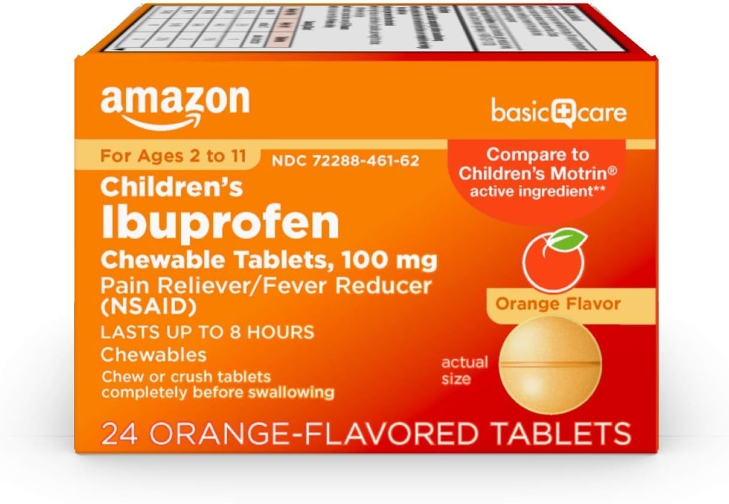 Basic Care Barns Ibuprofen Chewable Tabletter, 100 mg, smertefri og feber Reduser, Orange Flavor, For smerter, smerter, Sore Throat, Tandsmerter og hodepine lindring, 24 greve