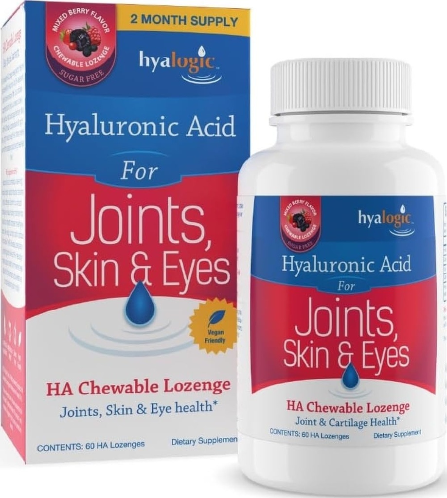 Hyaological Hyaluronsyre Chewable Lozenge - Chewable tabletter for hudpleie og øyne - Vegan, sukker-fri og berry favorisert Hyaluronsyre Supplements (60 Count)