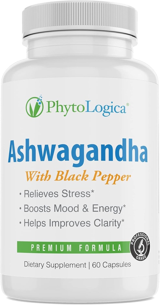 Organic Ashwagandha Kapsler med svart pepper, støtter hormoner, ikke-GMO, Glutenfri, Vegan, Naturlig, 60 Kapsler