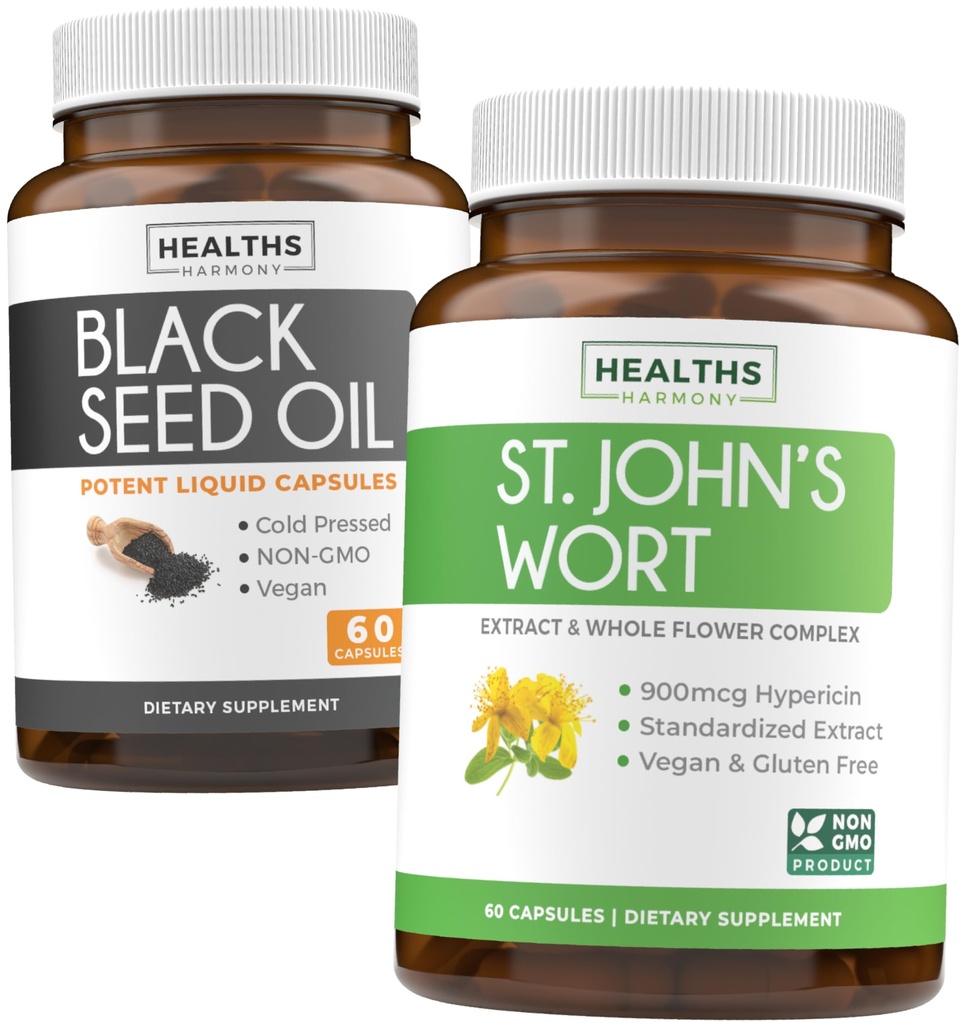 Sort Seed Oil & St. John's Wort (1-måneders forsyning) Serene Blend Bundle av svart frøolje (60 kapsler) Kaldpresset Nigella Sativa & St. John's Wort (60 kapsler) med kraftig 900mcg Hypericin