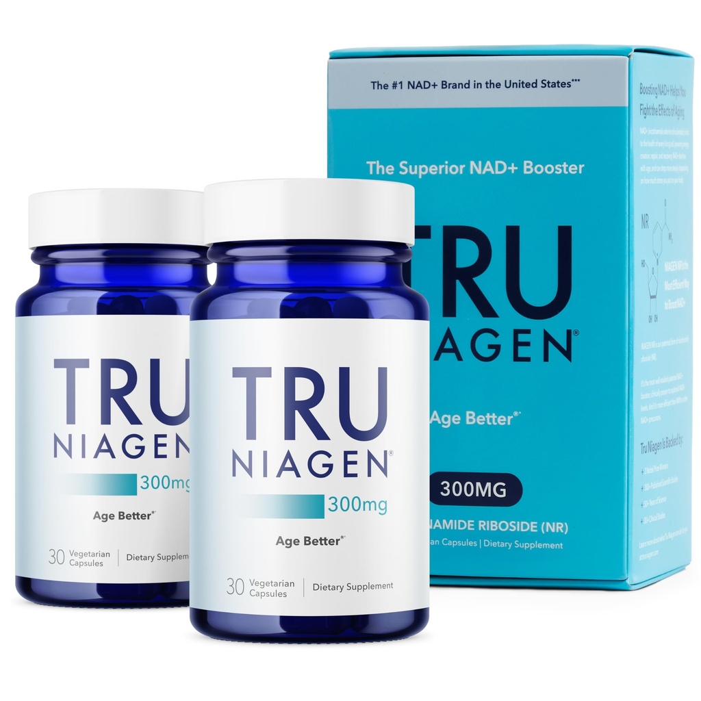 TRU NIAGEN Patentert NAD Supplement for anti aldring og celle regenerering, 300mg Niagen, 30 Serverer Cellular Energy, Hjerne, Muskel | Nikotinamid Riboside (NR) Ta 1 daglig | 2 flasker