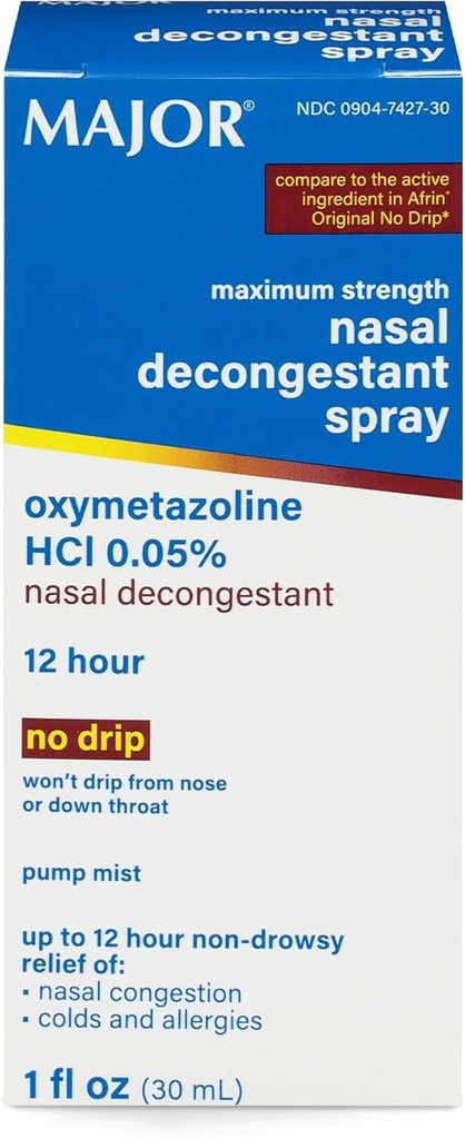 MAJOR Maks styrke Nasal Decongestant Spray, Oxymetazoline HCl 0,05% Pump Mist, Ikke-Drowsy Nasal Spray, opp til 12-timers Relief fra Nasal Congestion, Colds og Allergies 1 Fl. Oz. (1-Pack)