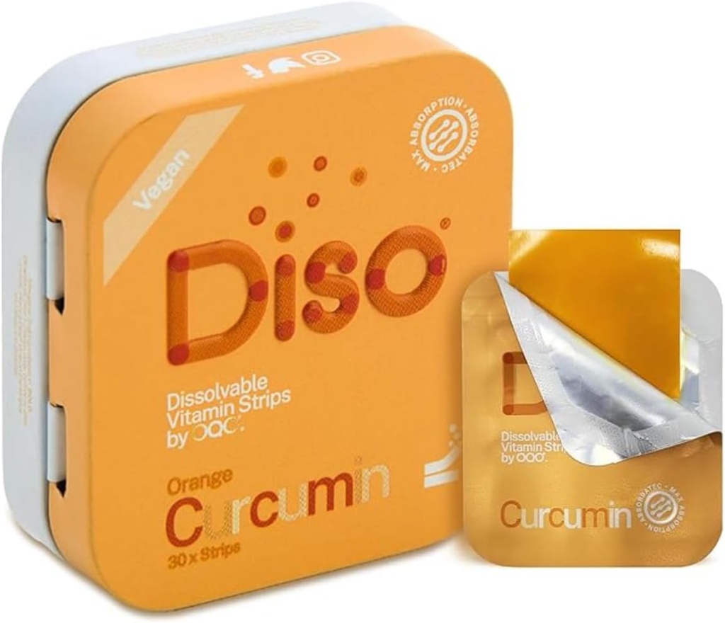 DISO - Curcumin - Fast-Dissolving Turmeric Oral Strips, Orange Flavor, Vegansk, Sukkerfri, Maksimal absorpsjon, Glutenfri, Individuelt innpakket, 30 Oppløselige Strips