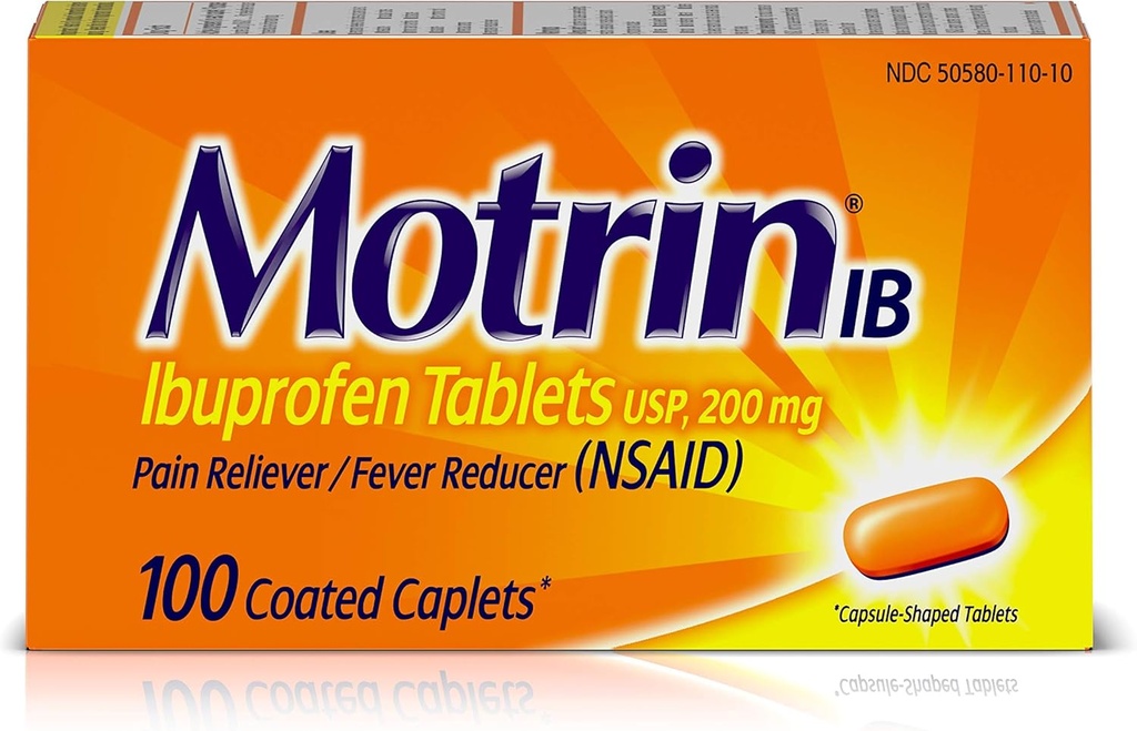 Motrin IB smertefri feber reduserer (NSAID) ibuprofen tabletter, 100 teller