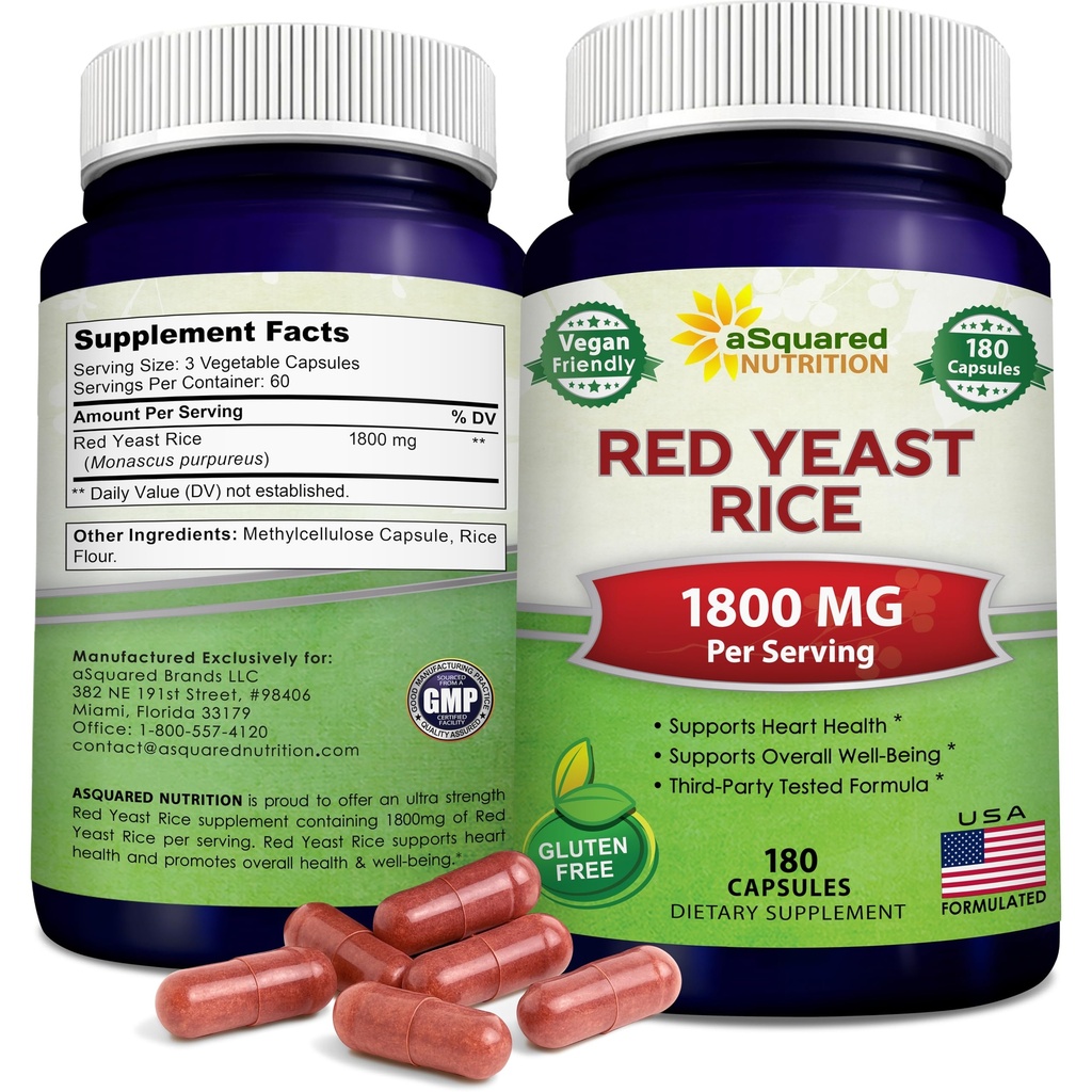 aSquared Ernæring Red Yeast Rice 1800mg - Diett Supplement Vegan pulver piller å støtte kardiovaskulær helse - 180 Veggie kapsler