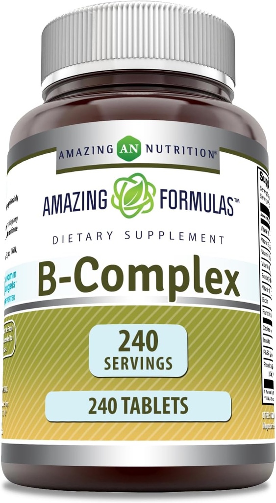 Amazing Formler Vitamin B Kompleks med 11 viktige næringsstoffer | Tabletter Supplement | Vitamin B1, B2, B3, B6, B12, Folsyre, Biotin, Choline, Inositol, PABA (240 Count)